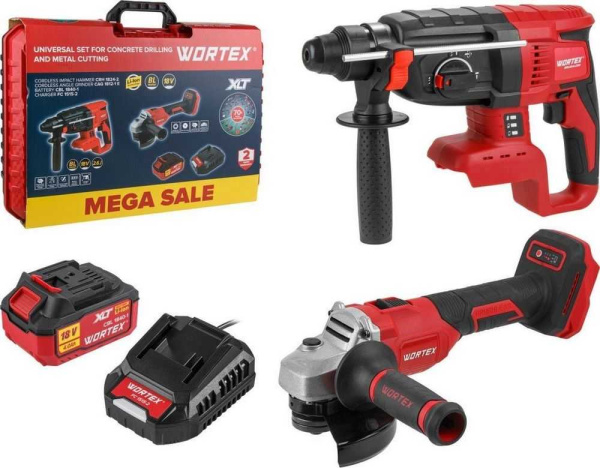 Wortex 1329852 (перфоратор, болгарка, 1 АКБ, кейс)